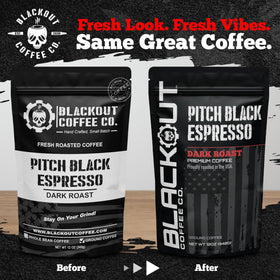 Blackout Coffee Pitch Black Espresso cup steaming, rich aroma, and bold finish.