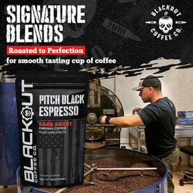 Pitch Black Espresso roast label by Blackout Coffee highlights USA-roasted beans.
