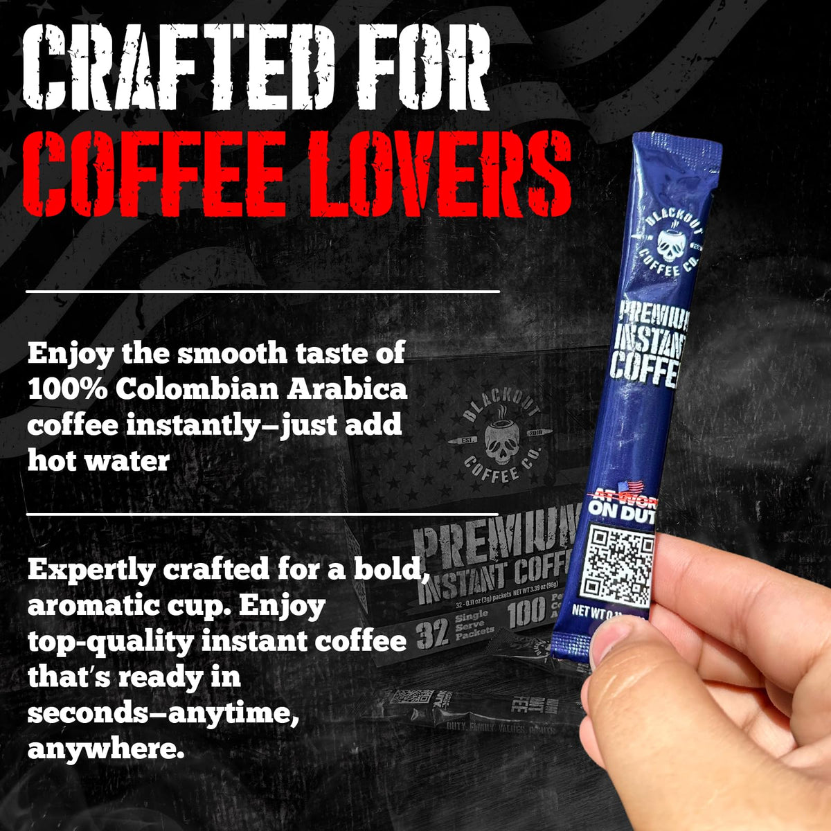 Blackout Coffee single-serve packets designed for portable use.