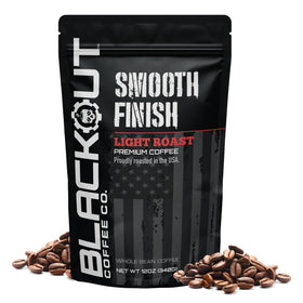 Blackout Coffee Smooth Finish bag shows premium whole bean coffee ready for bright, smooth cups.