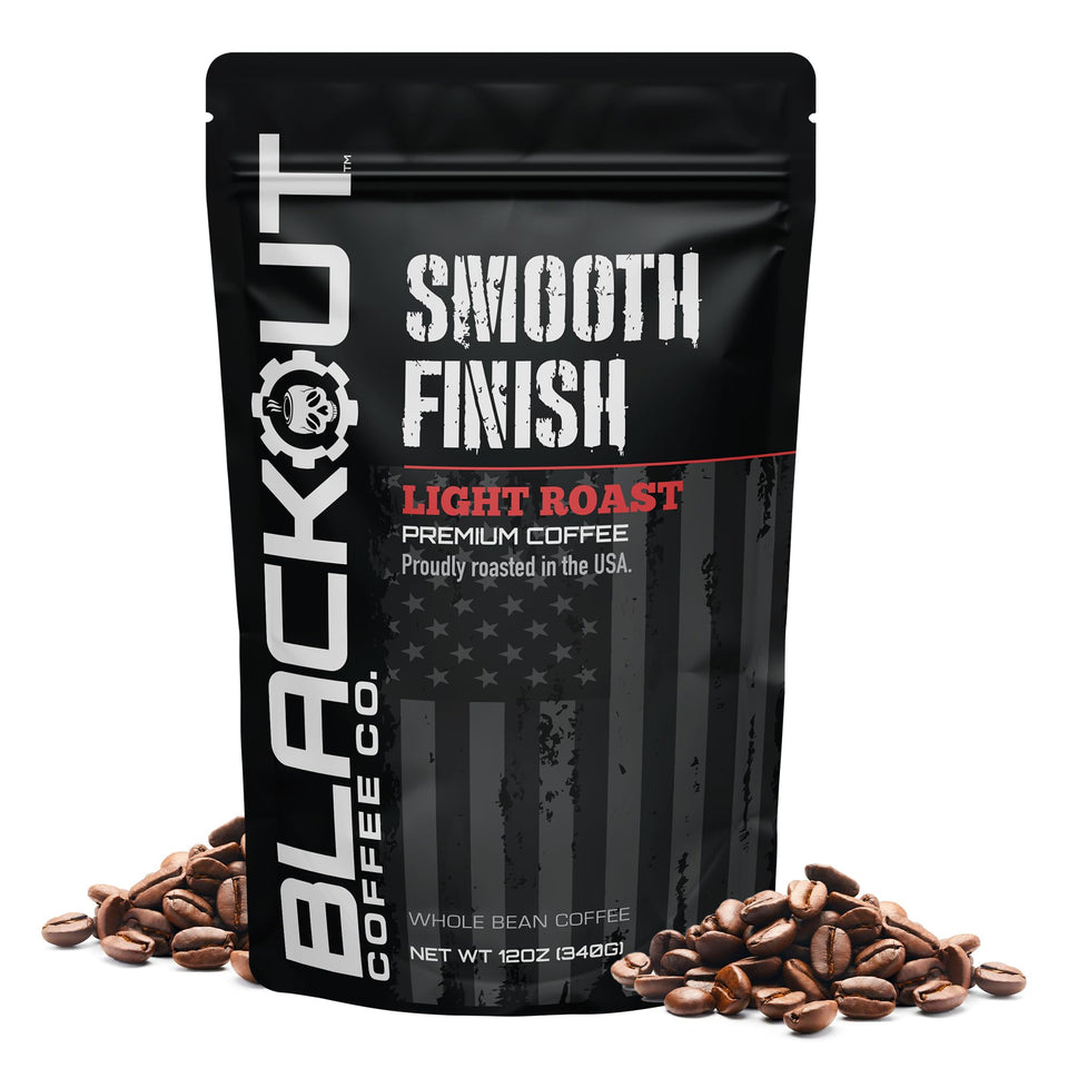 Blackout Coffee Smooth Finish bag shows premium whole bean coffee ready for bright, smooth cups.