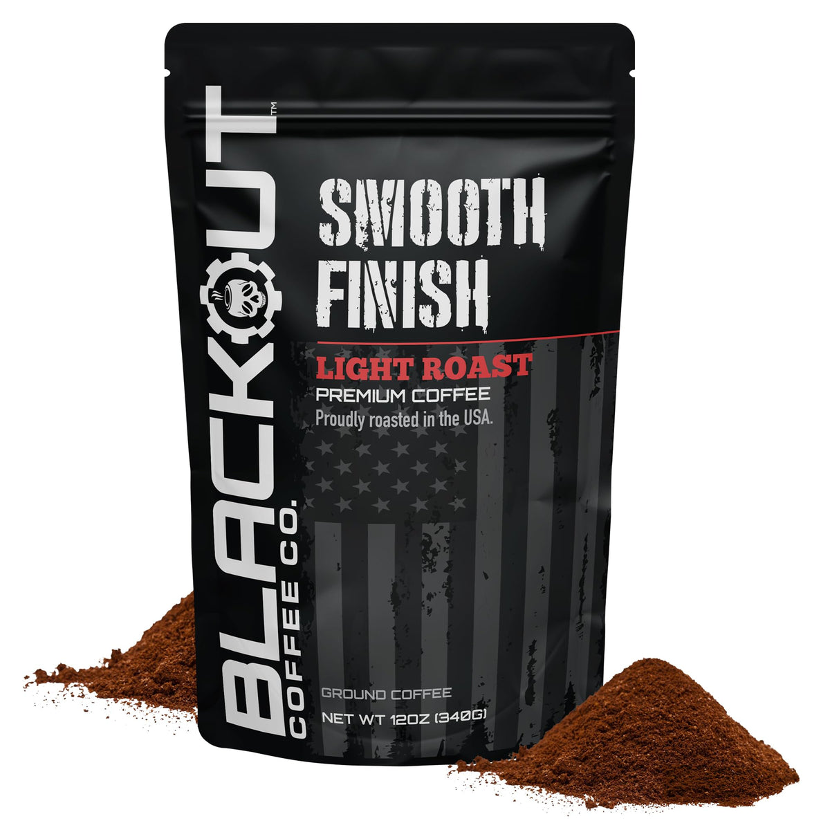 Blackout Coffee Co smooth finish ground coffee offers a balanced, aromatic cup in a 12oz bag.