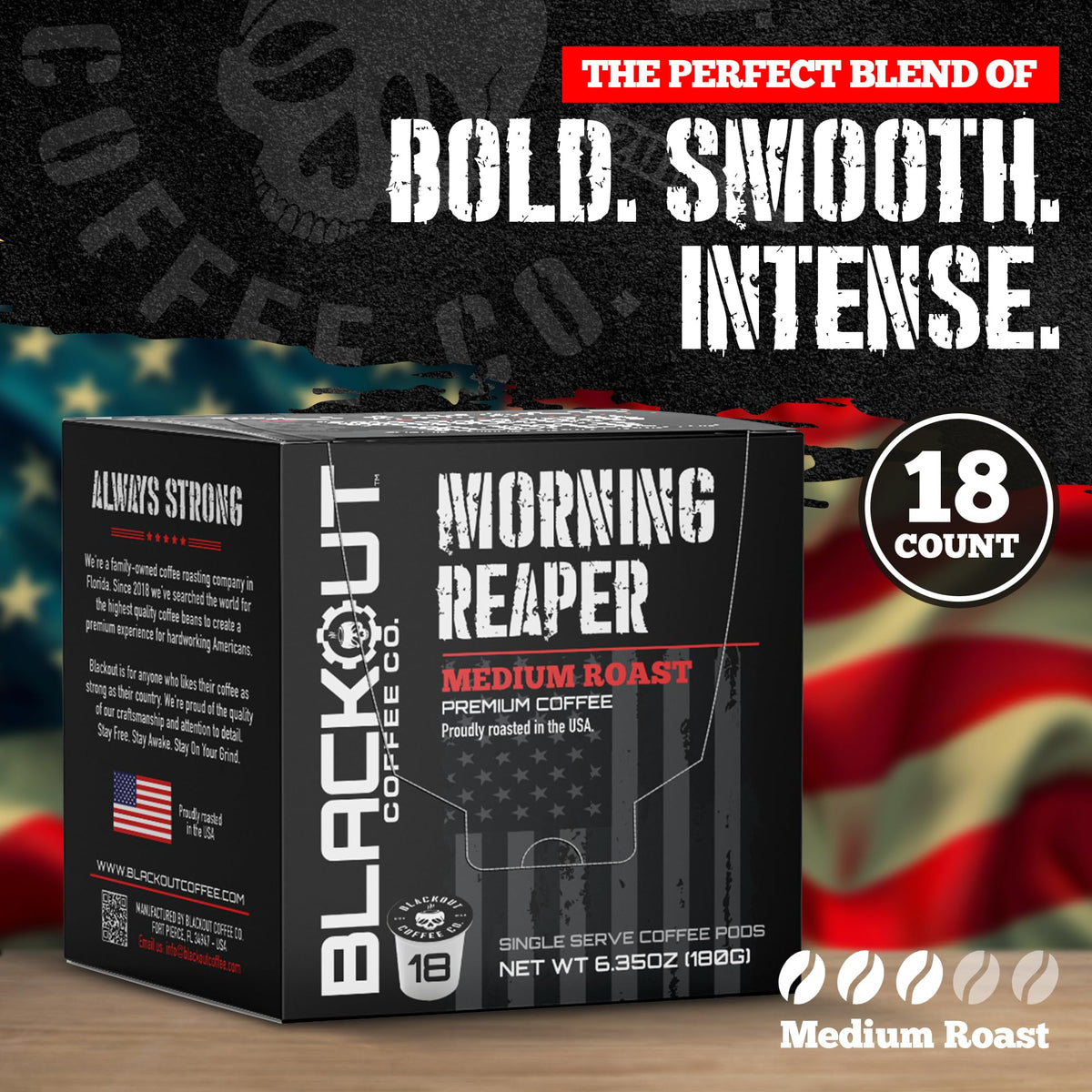 Blackout Coffee roastery badge and American-made packaging.