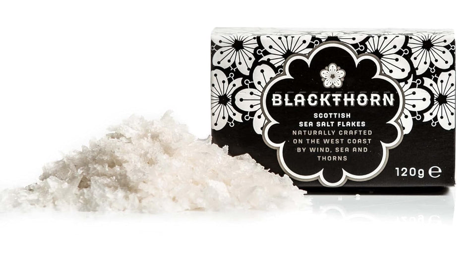 Blackthorn Scottish sea salt flakes in a bottle, ready to season dishes.