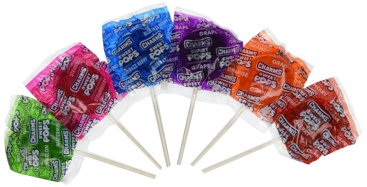 Blair Candy Charms Sweet Pops box of 100 assorted flavors for easy gifting and sharing.