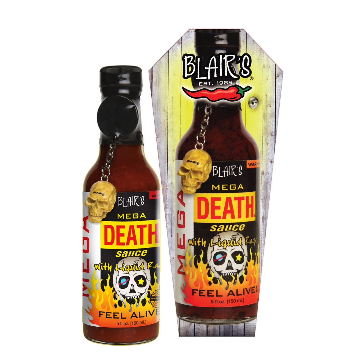Blair's Mega Death hot sauce label close-up highlighting extreme heat for bold meals.