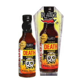 Blair's Mega Death hot sauce label close-up highlighting extreme heat for bold meals.