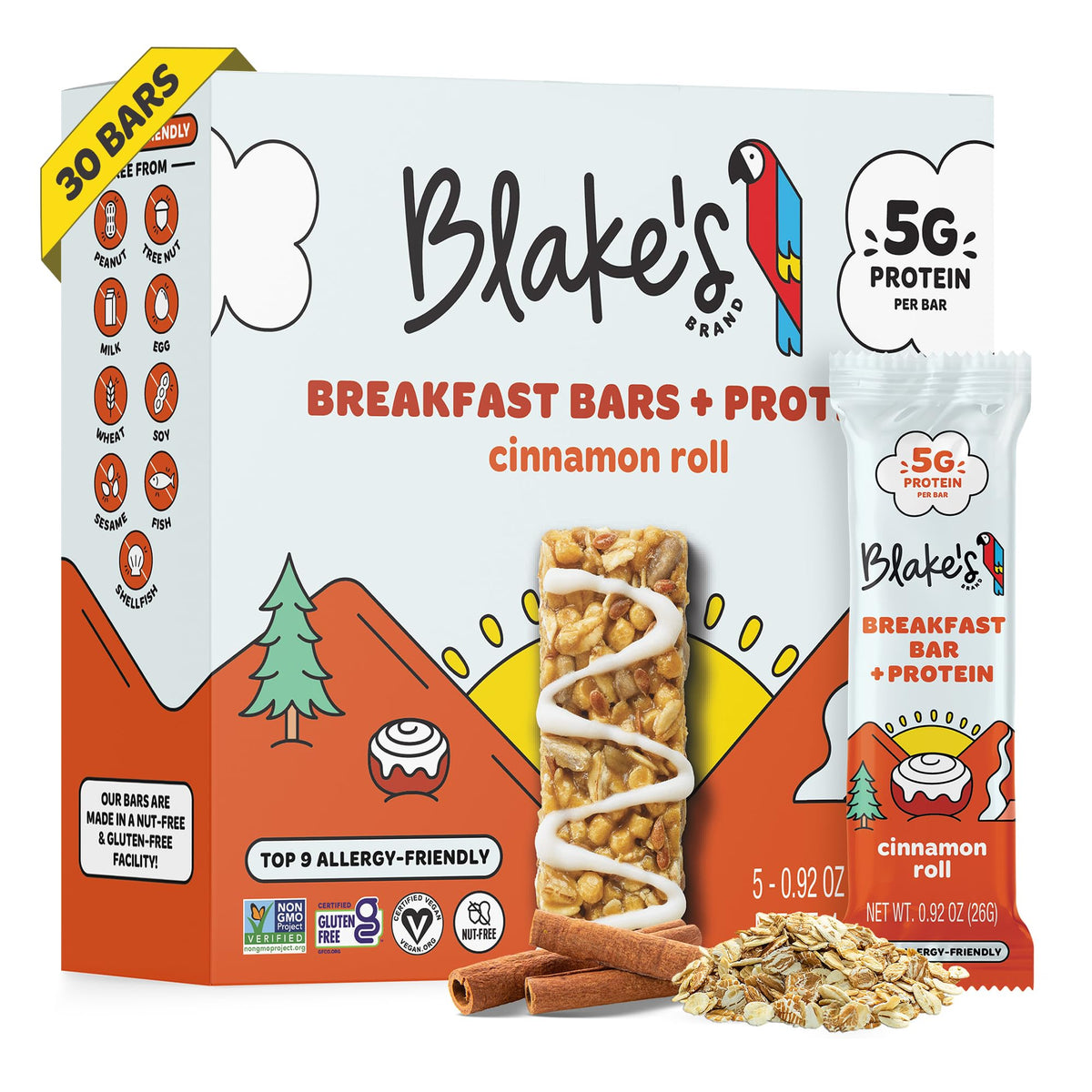 Blake's Breakfast Bars Cinnamon Roll packaging shown for family meals and school lunches.