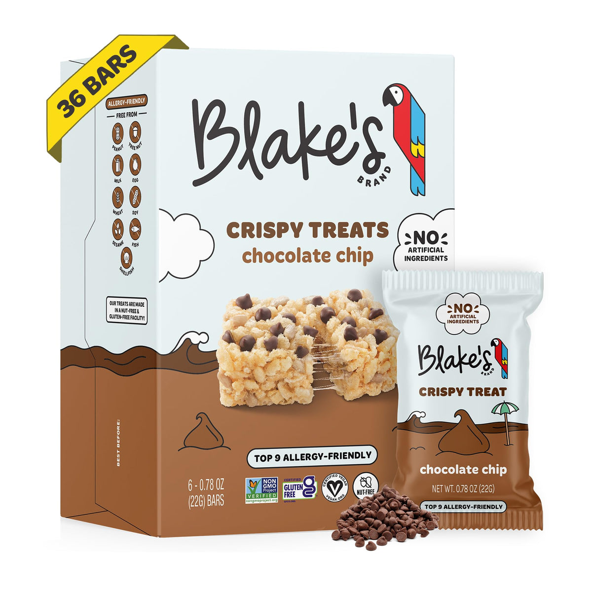 Blake's Seed Based Crispy Treats chocolate chip bar close-up, nut-free and gluten-free lunch-box option.