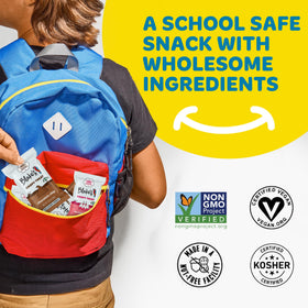 Front-of-pack shot of gluten-free, dairy-free, vegan bars for family snacks.