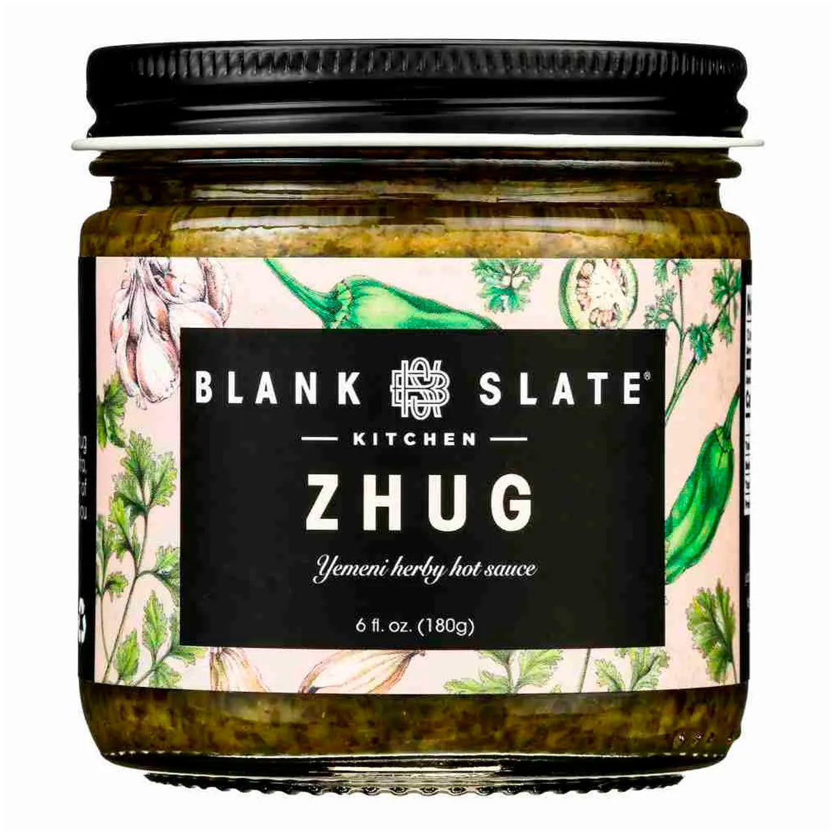Blank Slate Kitchen Zhug jar close-up showing fresh greens for shawarma use