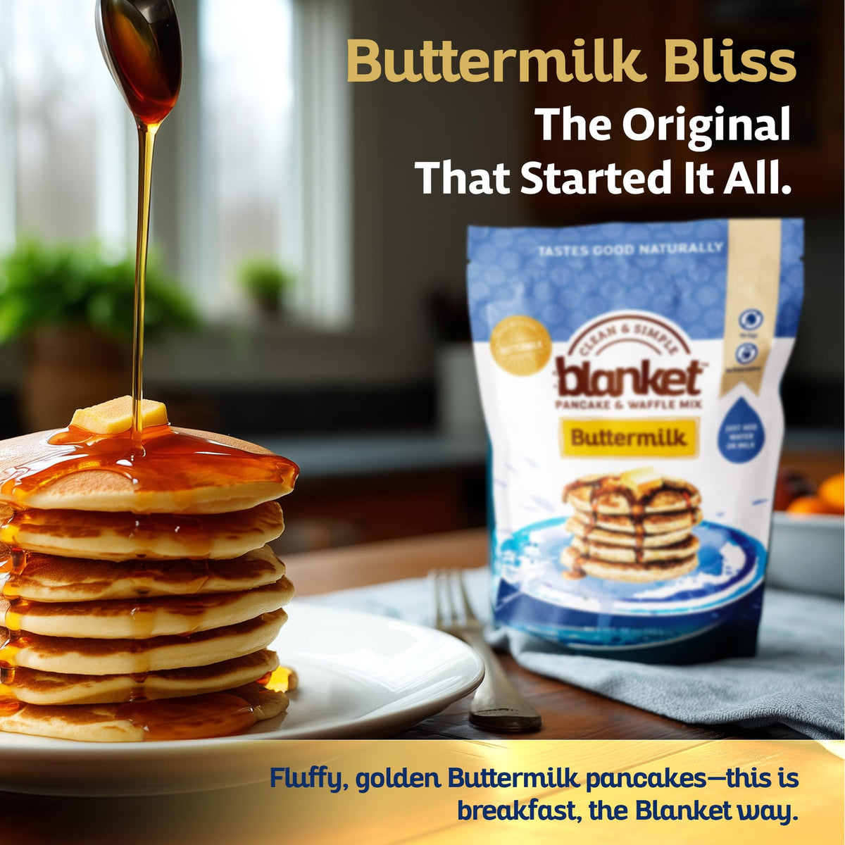 Blanket Pancakes & Syrup 16 oz package on pantry shelf