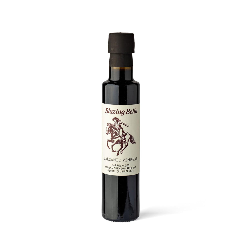 Blazing Bella balsamic bottle front view, premium Italian dressing base for salads and vegetables