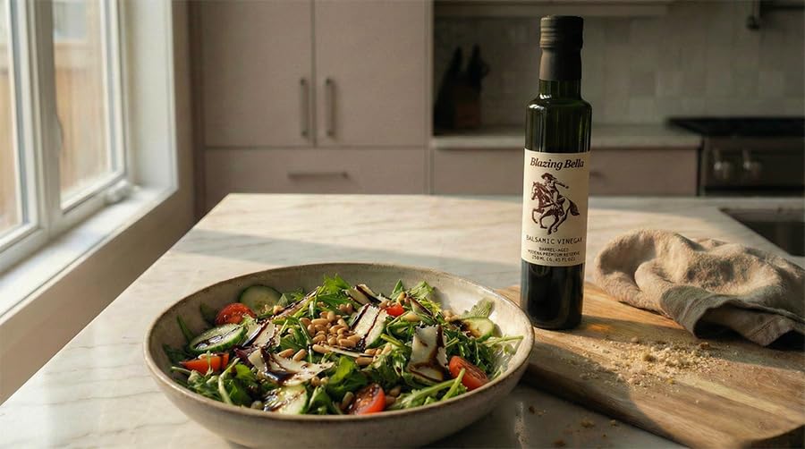 Blazing Bella balsamic label close-up, authentic Modena aging and full-bodied sweetness