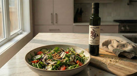 Blazing Bella balsamic label close-up, authentic Modena aging and full-bodied sweetness