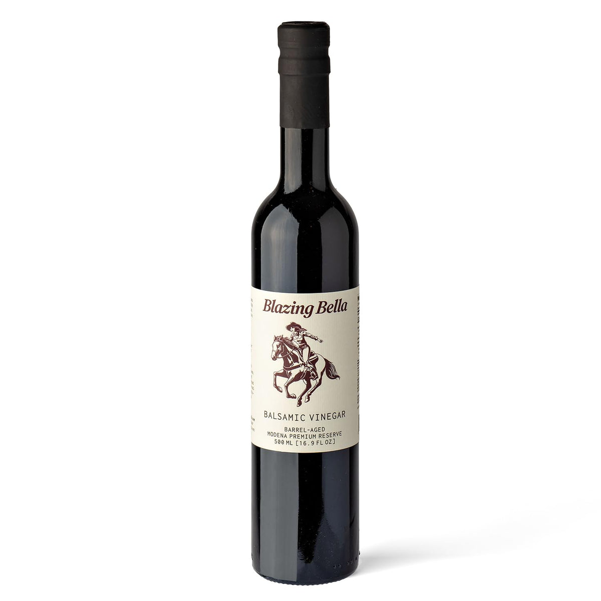 Blazing Bella barrel aged balsamic Modena bottle ready for drizzle on meals