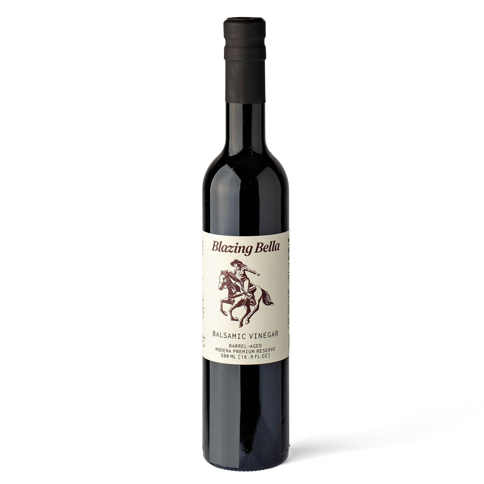 Blazing Bella barrel aged balsamic Modena bottle ready for drizzle on meals