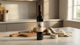 Close up of Blazing Bella balsamic label on premium bottle
