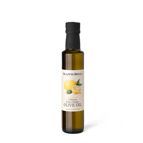 Blazing Bella lemon-infused olive oil bottle highlights bright Meyer lemon flavor for finishing dishes