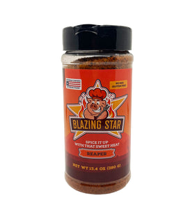 Blazing Star BBQ Reaper Rub bottle showing bold sweet heat for ribs