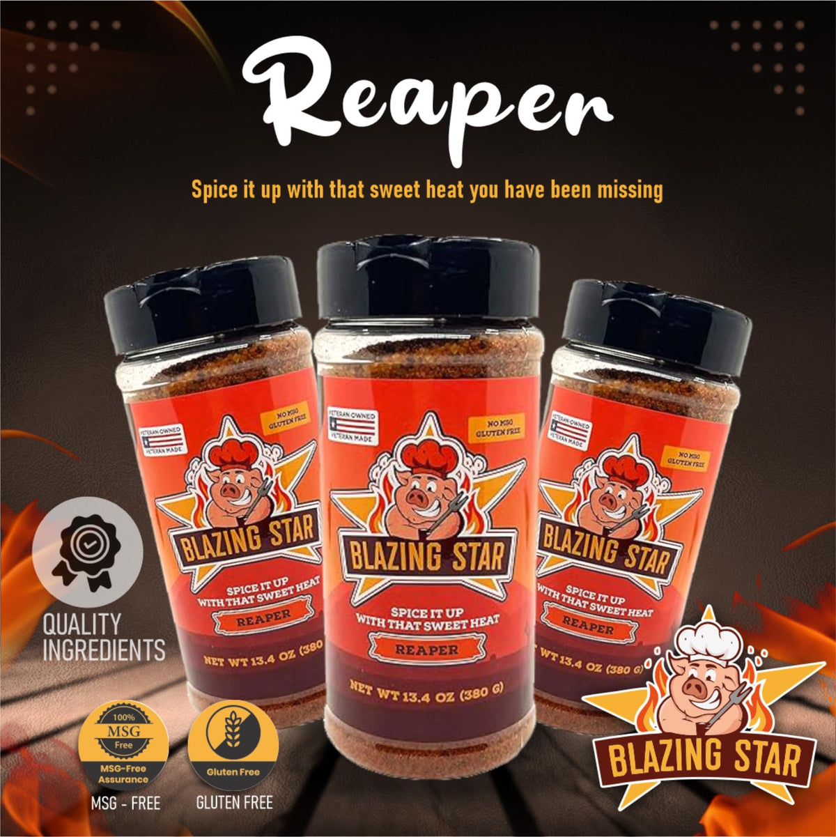 Blazing Star BBQ Reaper Rub label highlighting gluten-free, no MSG