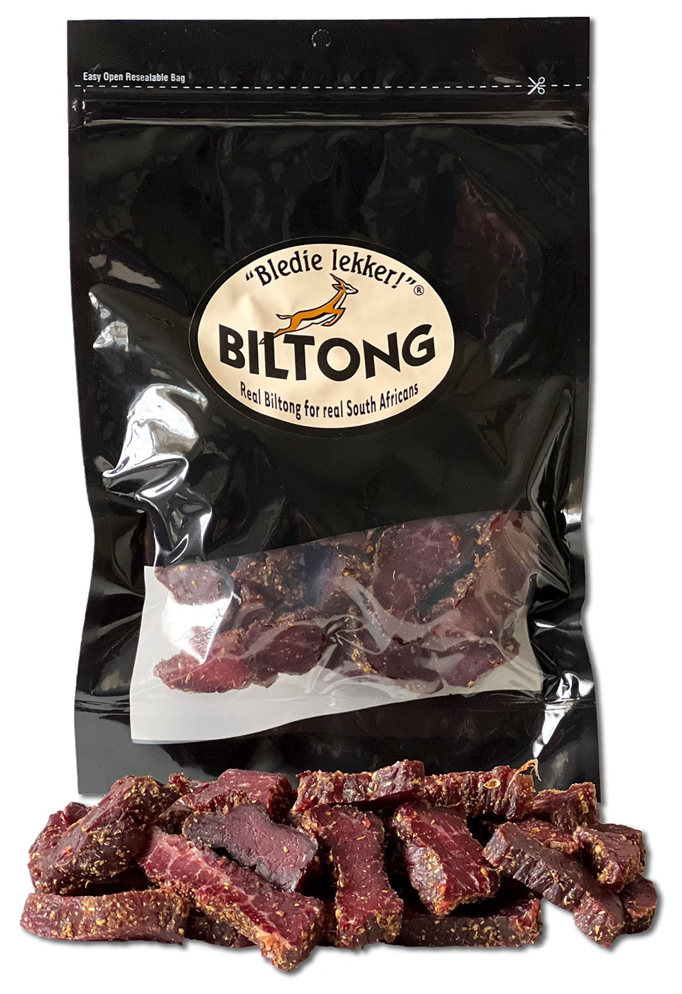 Bledie Lekker biltong chunks 8oz front view, protein-packed snack option