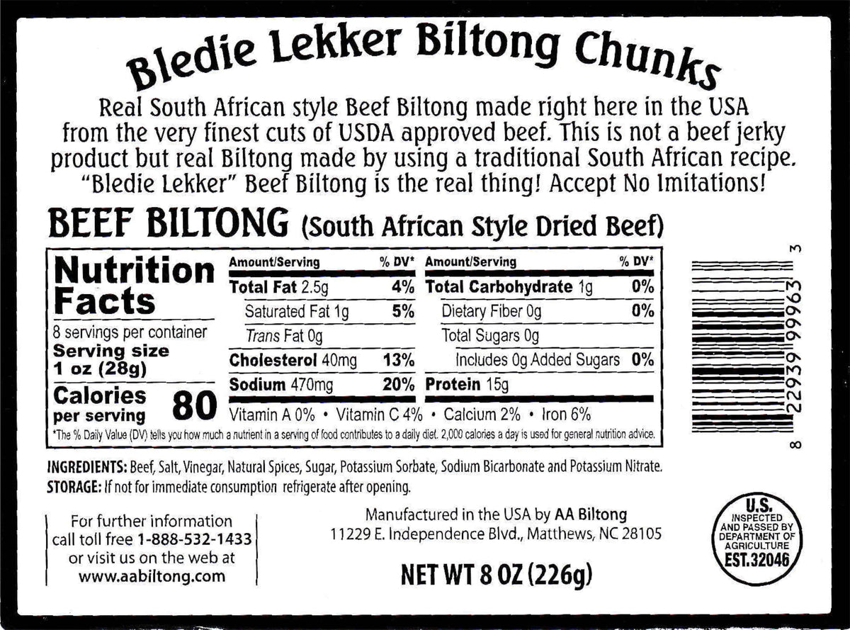 Bledie Lekker biltong chunks 8oz texture shot, bold savoriness for anytime nibble