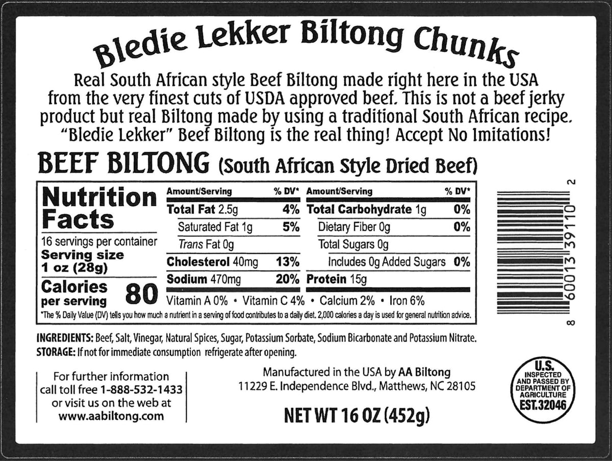 Close-up of Bledie Lekker Biltong Chunks showing premium beef slices