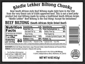 Close-up of Bledie Lekker Biltong Chunks showing premium beef slices