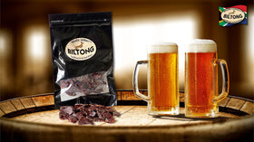 Closeup of Bledie Lekker biltong slices in a package, ready to grab.