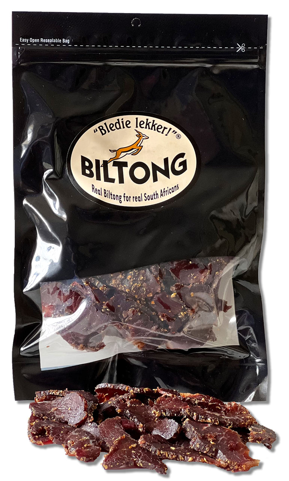 Bledie Lekker sliced beef biltong in a 16oz resealable bag for convenient snacking.