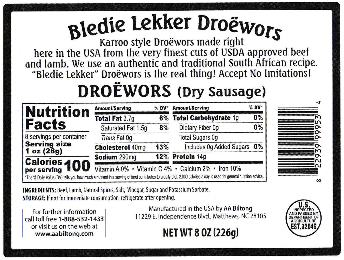 Resealable bag helps keep Biltong & Droewors fresh after opening.
