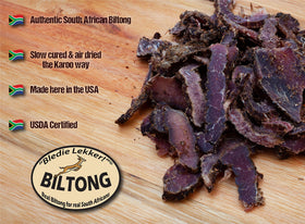 Bledie Lekker biltong packaged in the USA, proudly USDA certified.