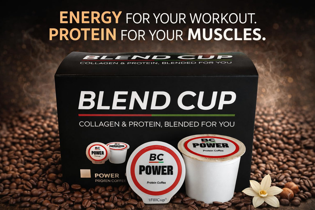 Blend Cup protein coffee pod pack showcases plant-based protein and natural flavors.