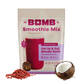 Blender Bombs Get Up & Goji bottle close-up for quick smoothie prep