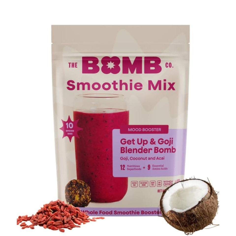 Blender Bombs Get Up & Goji bottle close-up for quick smoothie prep