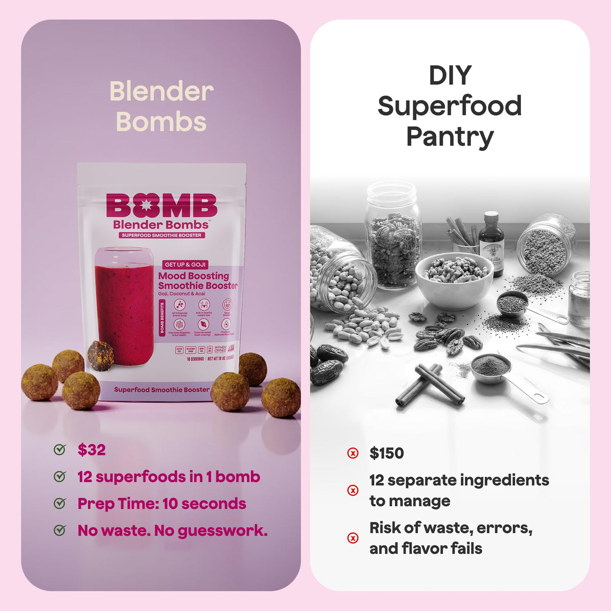 Blender Bombs Get Up & Goji packaging highlights gluten-free and paleo-friendly