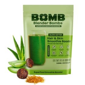 Blender Bombs Glow Getter bottle ready-to-blend superfood boost for mornings.