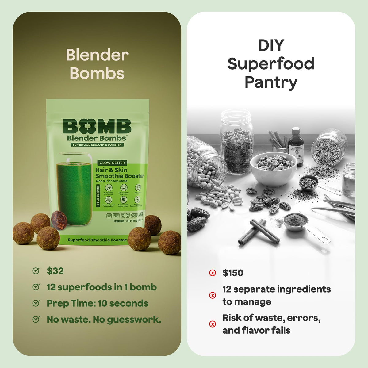 Glow Getter into-blender shot conveys quick nutritious blends.