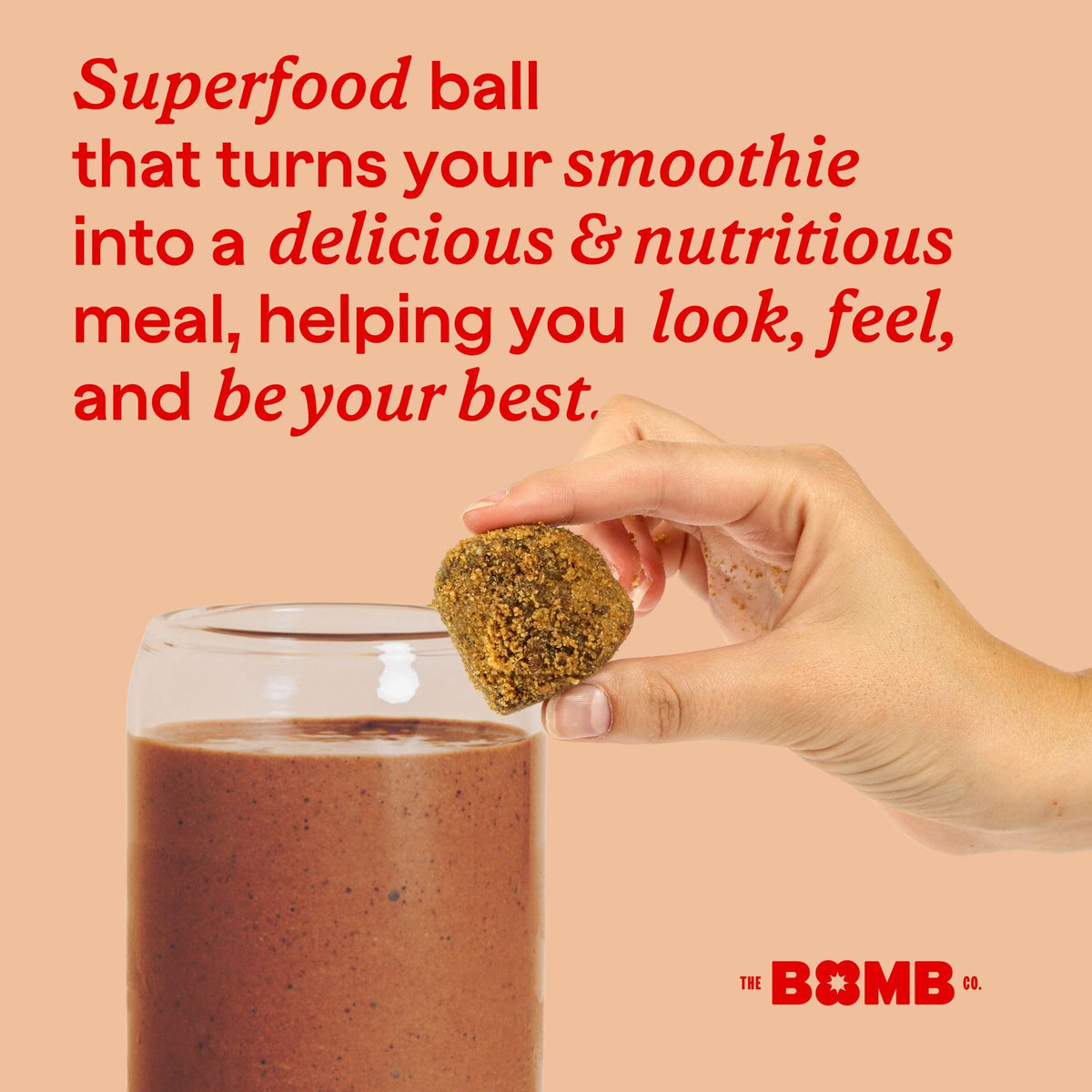 Blender Bombs Peanut Butter Blast bowl-ready shot, showcasing fiber-rich ingredients for filling smoothies.