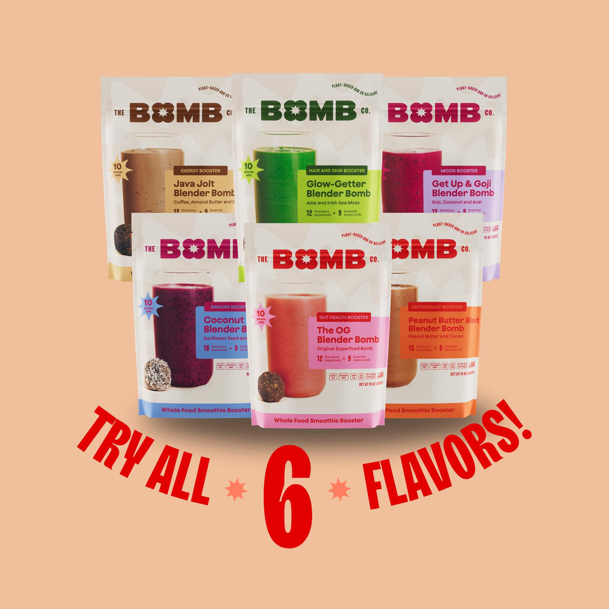 Blender Bombs Peanut Butter Blast on kitchen counter with fruits, nutritious routine.