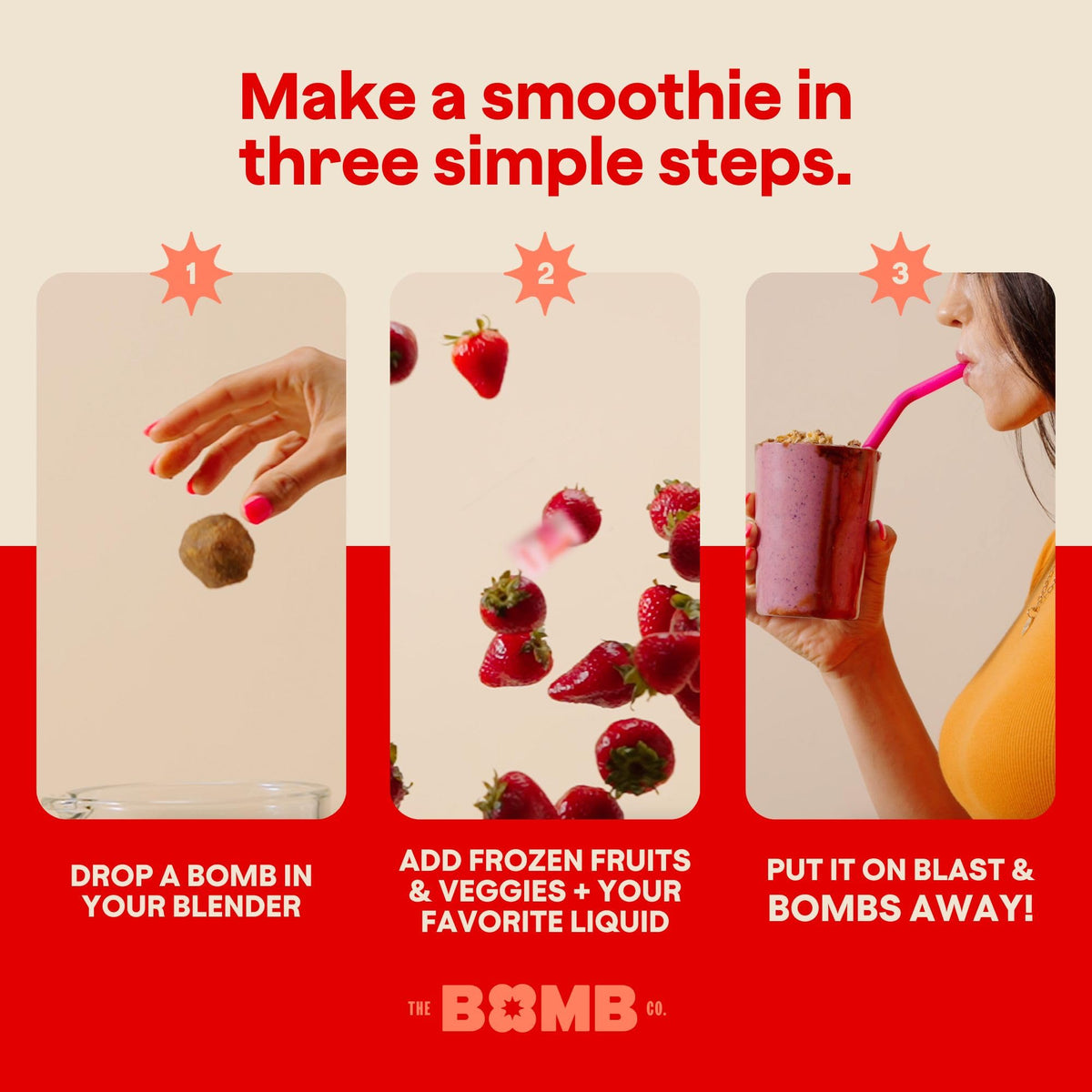Blender Bombs Peanut Butter Blast label close-up highlighting paleo-friendly, non-GMO goodness.