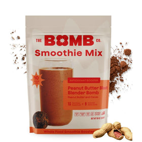 Blender Bombs Peanut Butter Blast packaging close-up, gluten-free and vegan-friendly for quick smoothies.