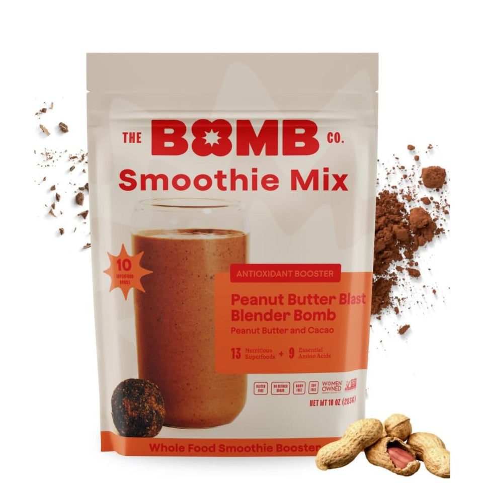 Blender Bombs Peanut Butter Blast packaging close-up, gluten-free and vegan-friendly for quick smoothies.