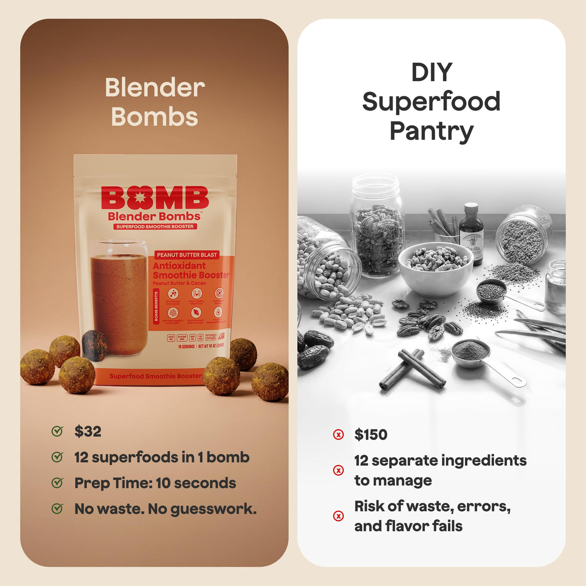 Blender Bombs Peanut Butter Blast vegan-friendly blend ready for plant-based meals.