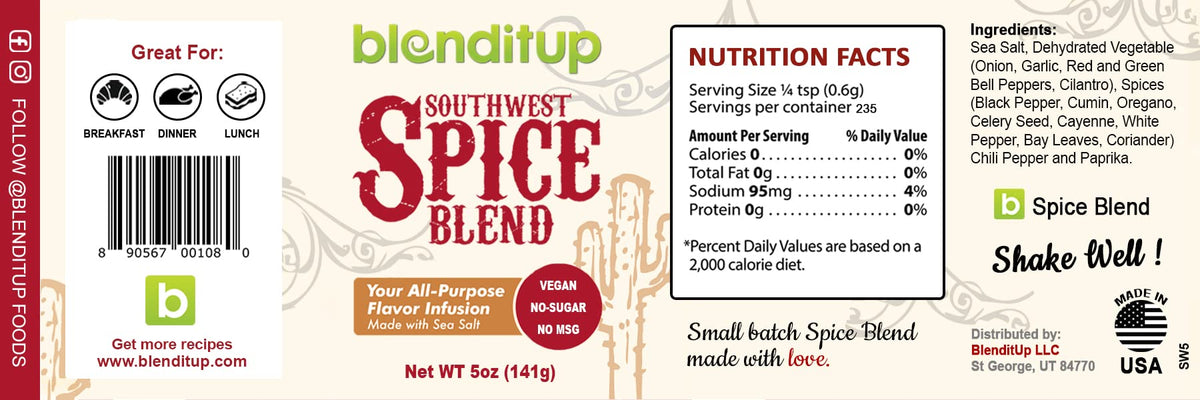BlendItUp Southwest Spice Blend shaker enables easy seasoning for tacos and veggies.