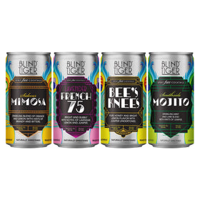 Blind Tiger variety pack cans displaying eight premium non-alcoholic cocktails.
