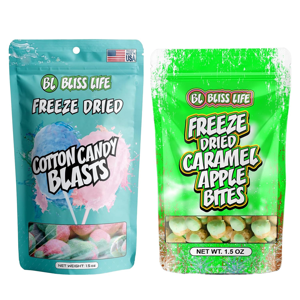 Bliss Life freeze-dried caramel apple bundle packshot shows a crunchy apple candy with fluffy cotton candy