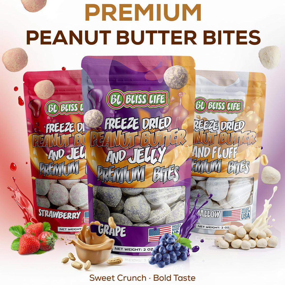 Bliss Life Premium PB&J Bites on the go, portable snack for busy days