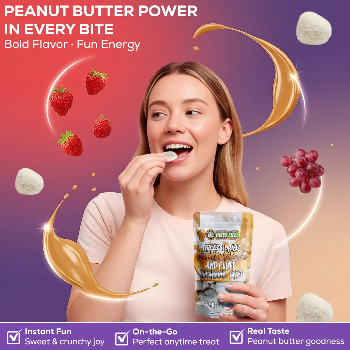 Bliss Life Premium PB&J Bites pack closeup highlighting crunch